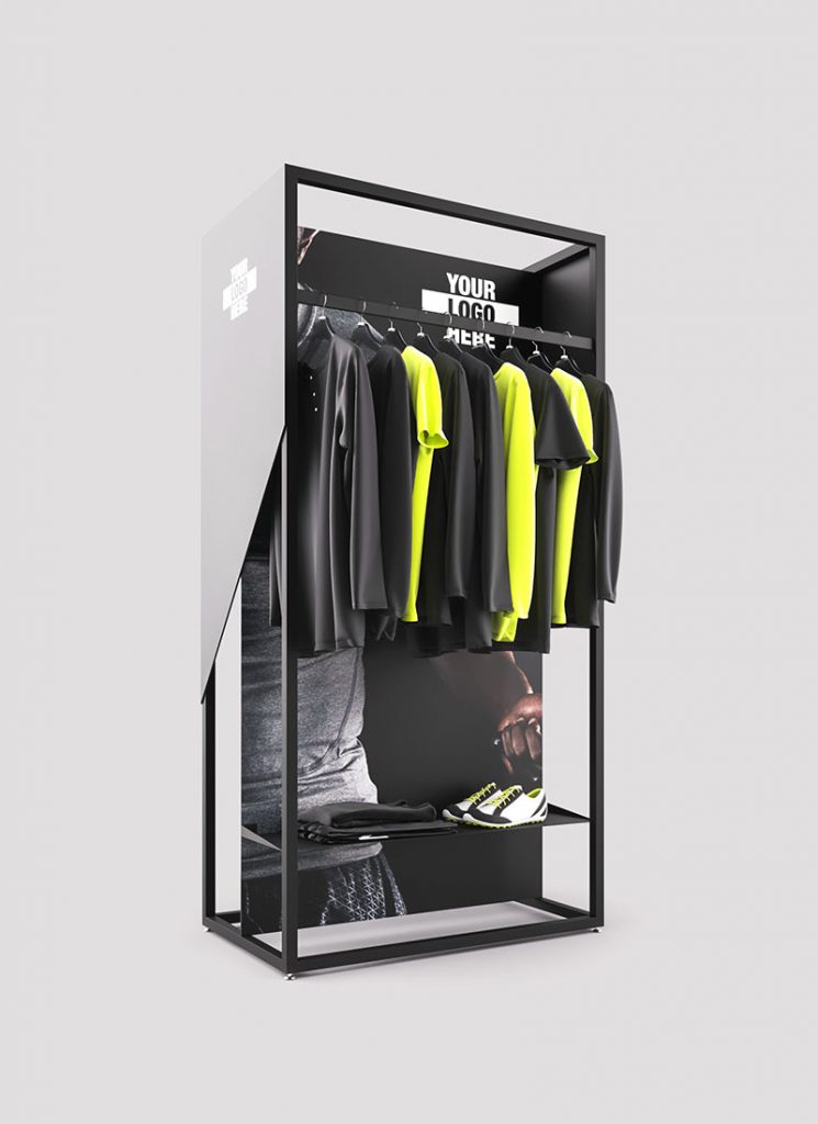 Display stands for clothing, multifunction. Exhibitors in wood and metal